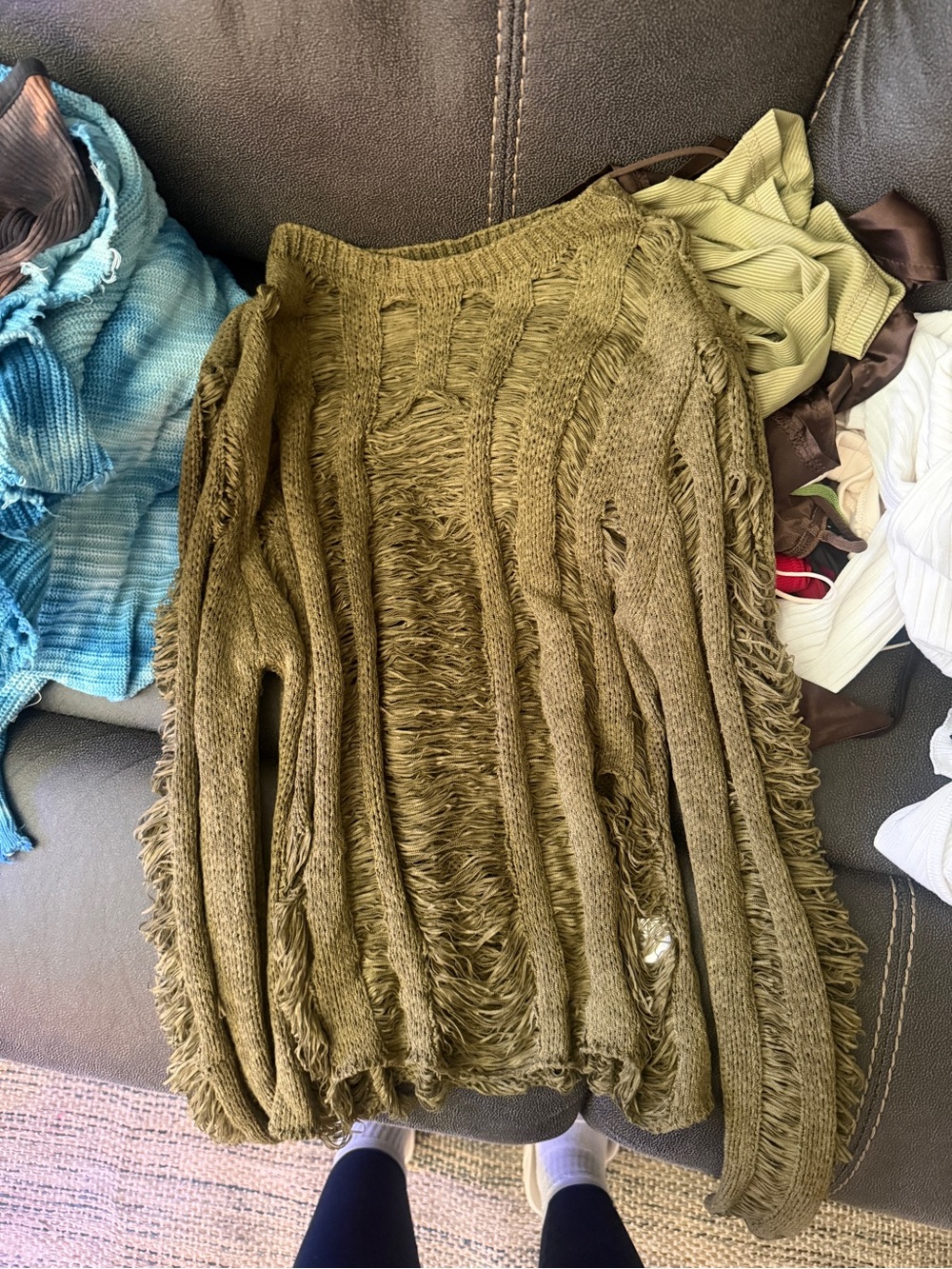 Olive Green Distressed Fringe Women's Sweater